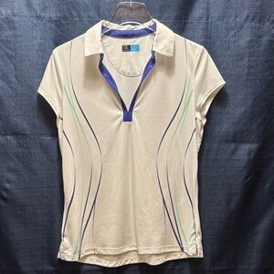 PGA Tour Cream Polo with Blue and Green Stripes